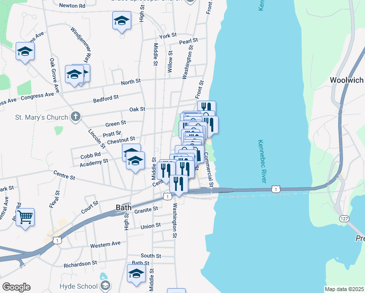 map of restaurants, bars, coffee shops, grocery stores, and more near 831 Washington Street in Bath