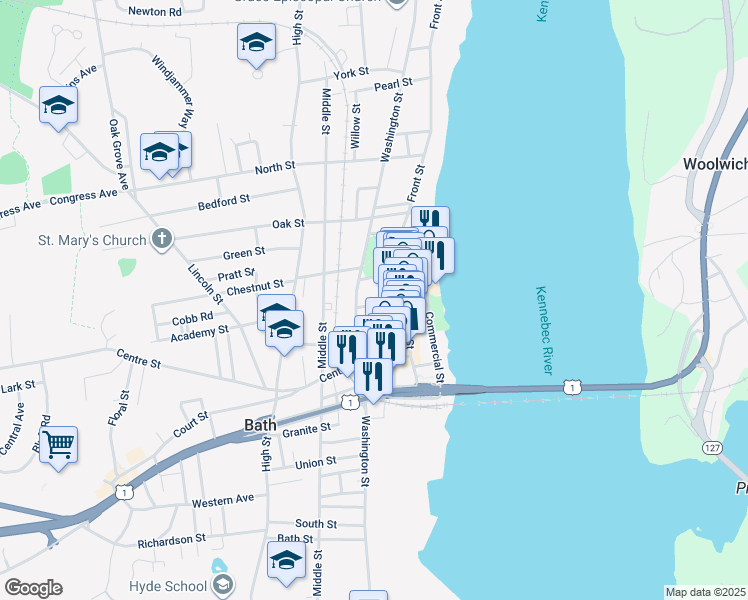 map of restaurants, bars, coffee shops, grocery stores, and more near 831 Washington Street in Bath