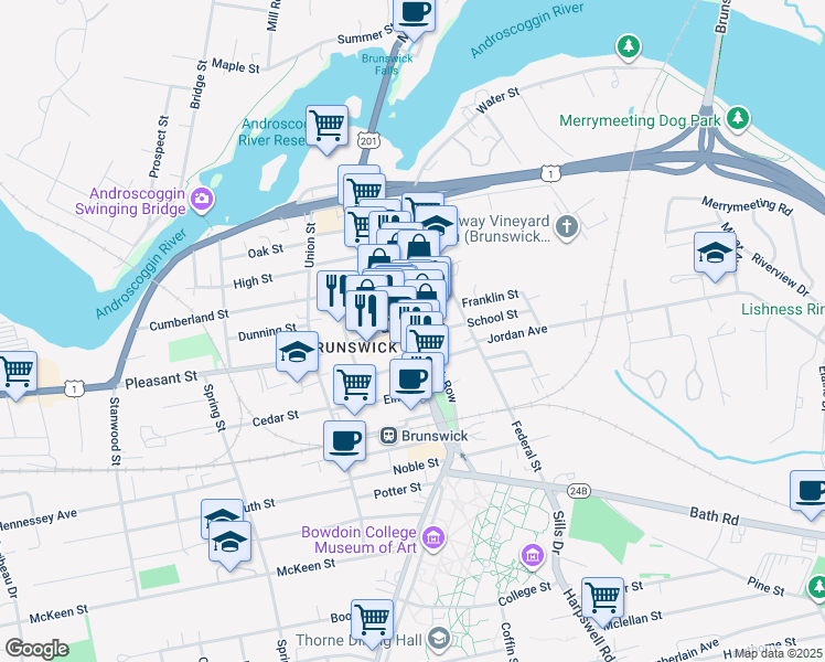 map of restaurants, bars, coffee shops, grocery stores, and more near in Brunswick