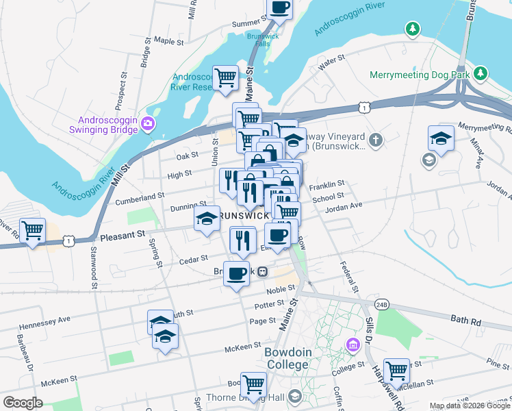 map of restaurants, bars, coffee shops, grocery stores, and more near 9 Pleasant Street in Brunswick