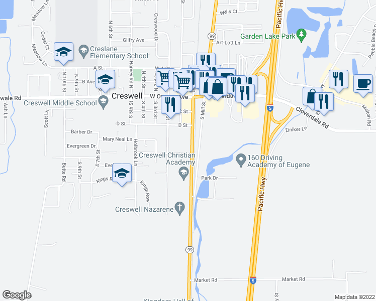 map of restaurants, bars, coffee shops, grocery stores, and more near 2 F Street in Creswell