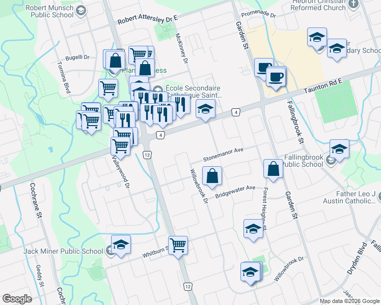 map of restaurants, bars, coffee shops, grocery stores, and more near 254 Willowbrook Drive in Whitby
