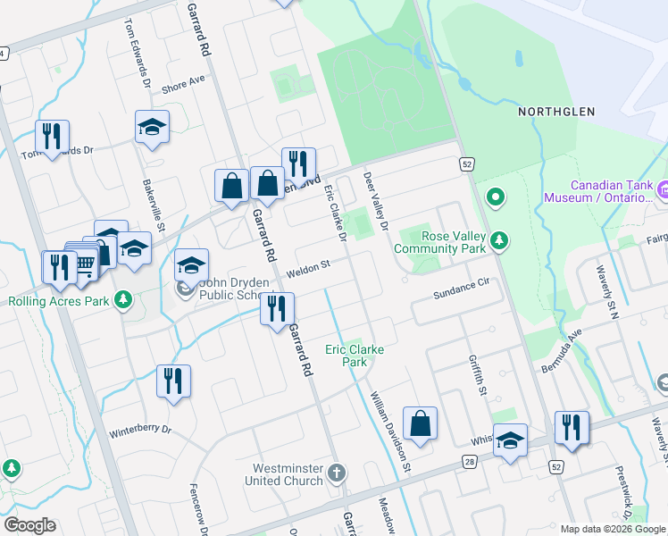 map of restaurants, bars, coffee shops, grocery stores, and more near 35 Weldon Street in Whitby