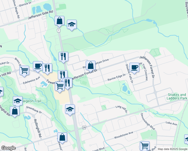 map of restaurants, bars, coffee shops, grocery stores, and more near 16 Ravine Edge Drive in Richmond Hill