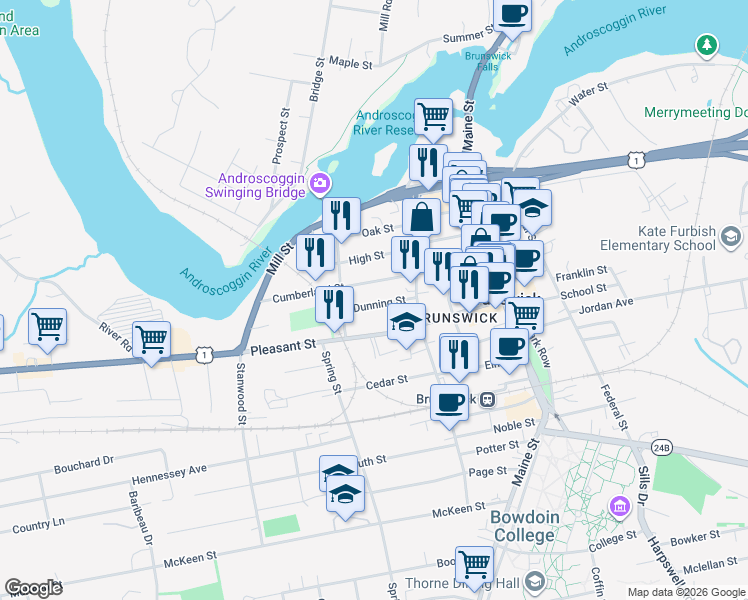 map of restaurants, bars, coffee shops, grocery stores, and more near 44 Pleasant Street in Brunswick