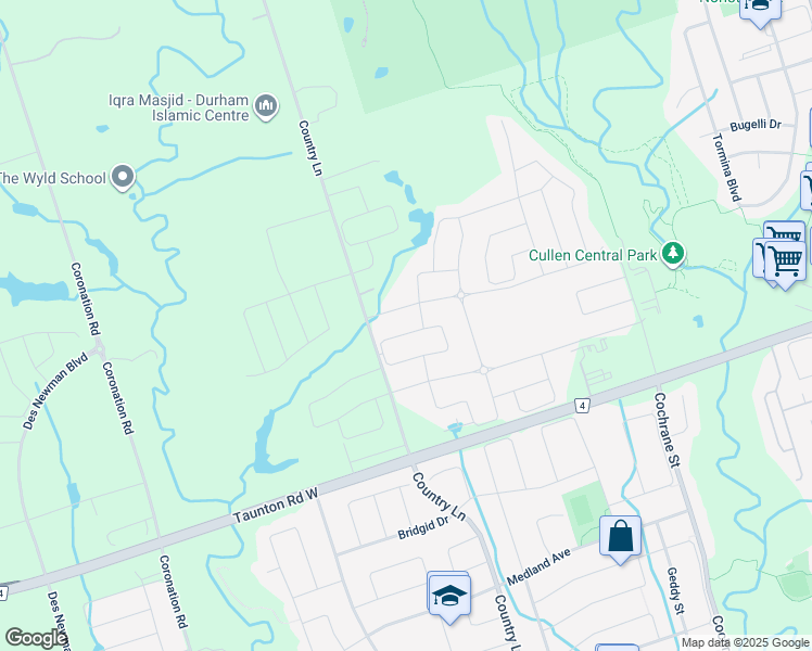 map of restaurants, bars, coffee shops, grocery stores, and more near 4145 Country Lane in Whitby