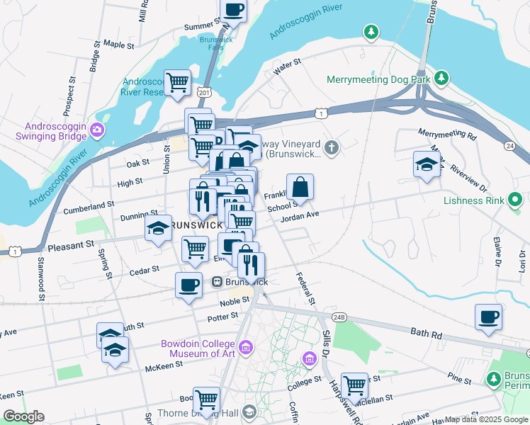 map of restaurants, bars, coffee shops, grocery stores, and more near 46 Federal Street in Brunswick