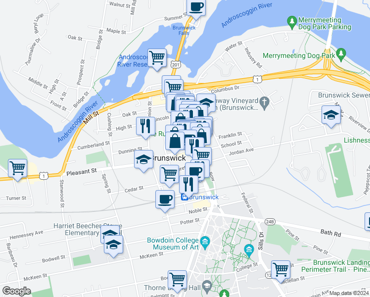 map of restaurants, bars, coffee shops, grocery stores, and more near 9 Pleasant Street in Brunswick