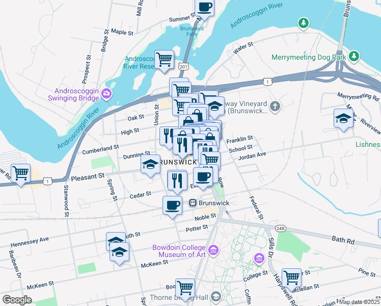 map of restaurants, bars, coffee shops, grocery stores, and more near 9 Pleasant Street in Brunswick
