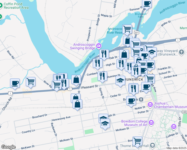 map of restaurants, bars, coffee shops, grocery stores, and more near 68 Pleasant Street in Brunswick