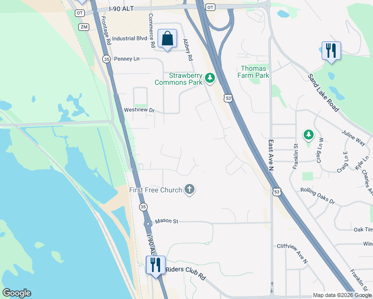 map of restaurants, bars, coffee shops, grocery stores, and more near N5329 Alpine Way in Onalaska