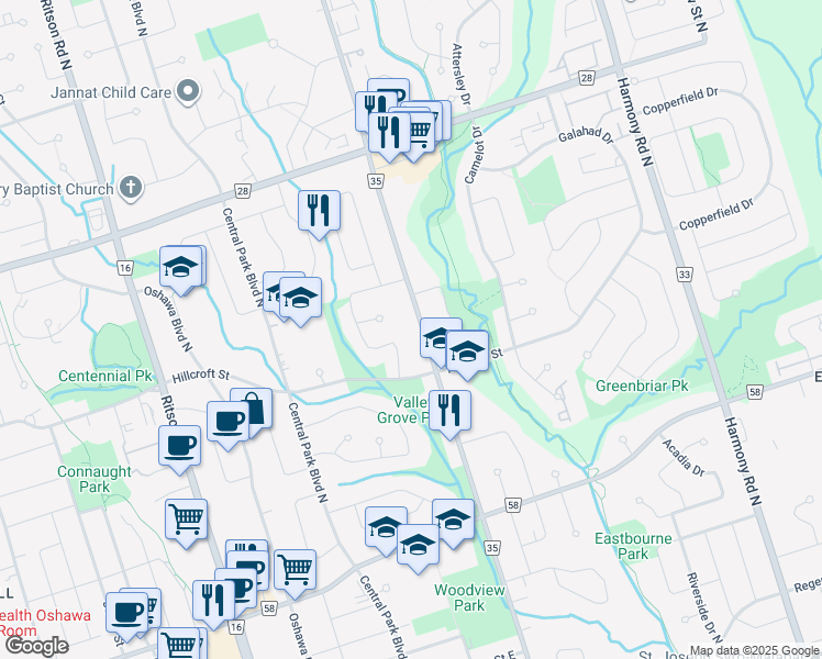 map of restaurants, bars, coffee shops, grocery stores, and more near 480 Wilson Road North in Oshawa