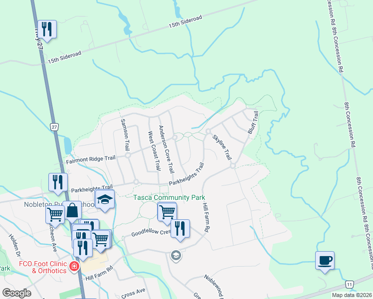 map of restaurants, bars, coffee shops, grocery stores, and more near 10 Thomas Noble Court in Nobleton
