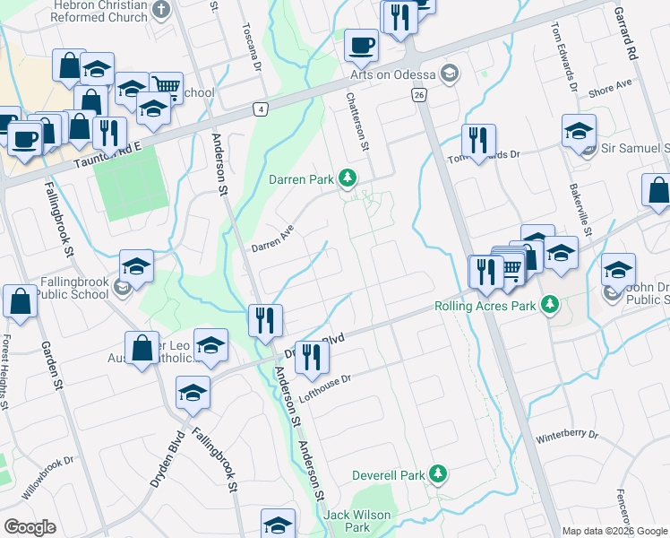 map of restaurants, bars, coffee shops, grocery stores, and more near 20 Morley Crescent in Whitby