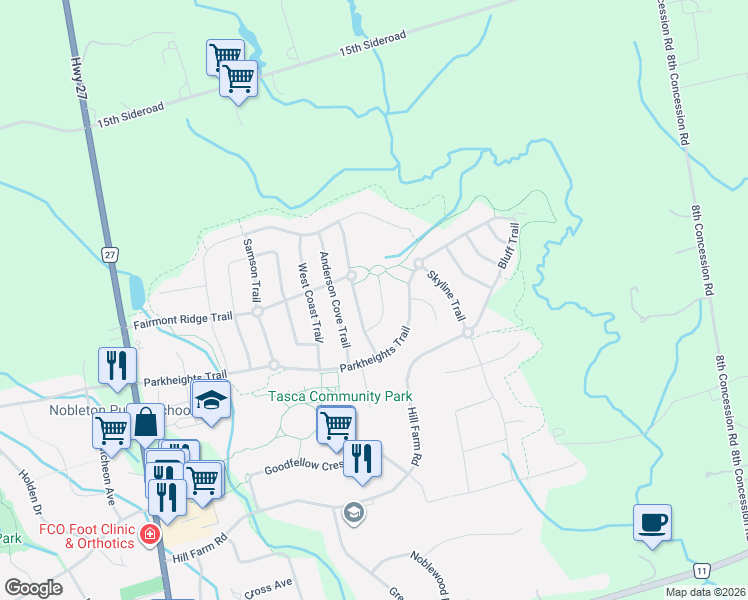map of restaurants, bars, coffee shops, grocery stores, and more near 10 Thomas Noble Court in Nobleton