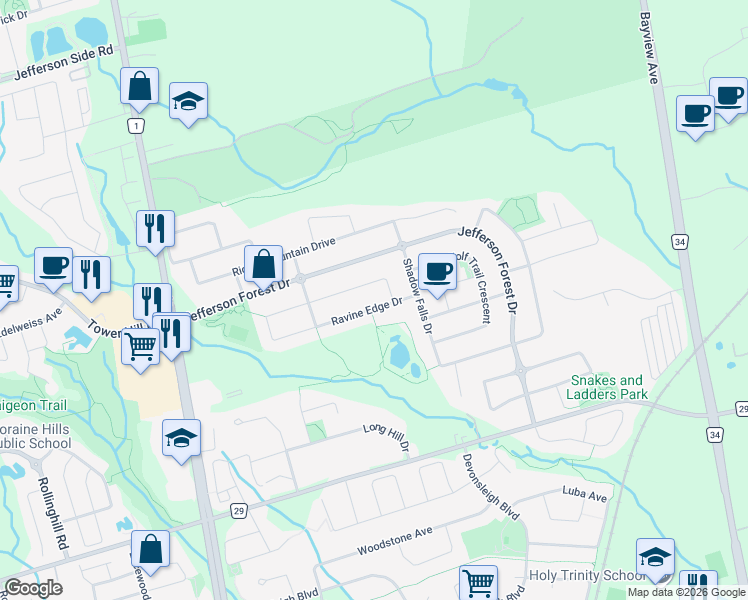 map of restaurants, bars, coffee shops, grocery stores, and more near 100 Ravine Edge Drive in Richmond Hill