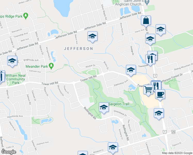 map of restaurants, bars, coffee shops, grocery stores, and more near 195 Tower Hill Road in Richmond Hill
