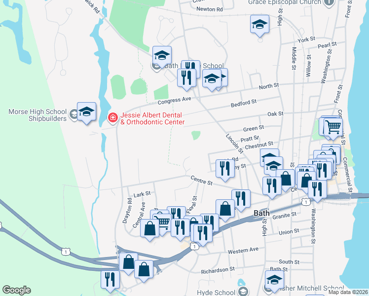 map of restaurants, bars, coffee shops, grocery stores, and more near 303 Centre Street in Bath