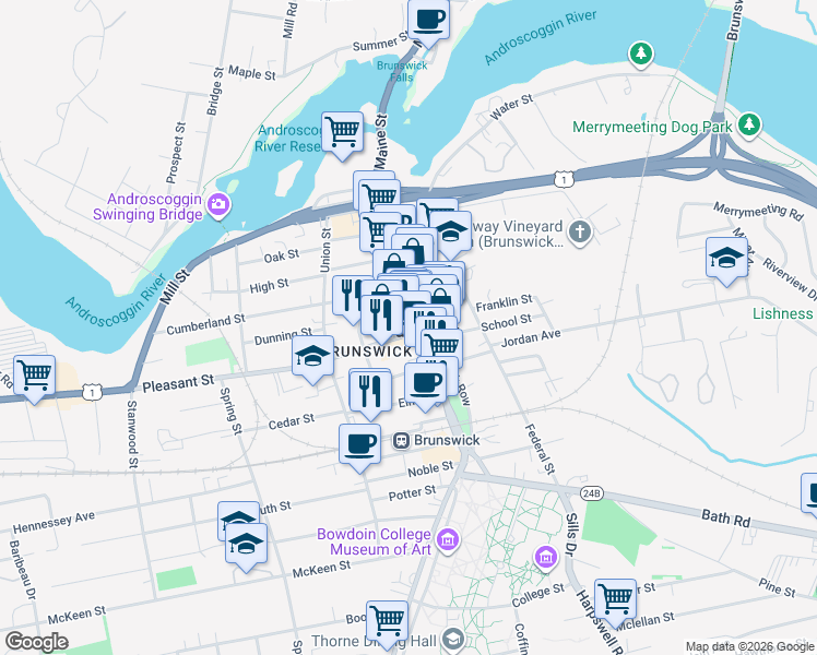 map of restaurants, bars, coffee shops, grocery stores, and more near 9 Pleasant Street in Brunswick
