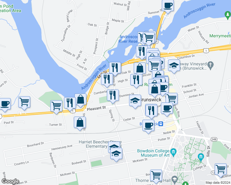 map of restaurants, bars, coffee shops, grocery stores, and more near 51 Cushing Street in Brunswick