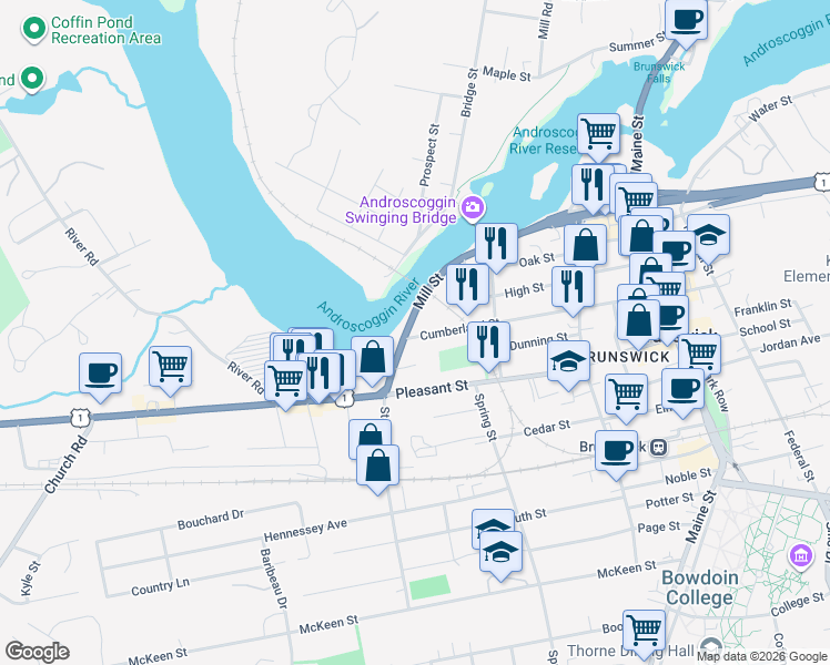 map of restaurants, bars, coffee shops, grocery stores, and more near 6 Sage Hill in Brunswick