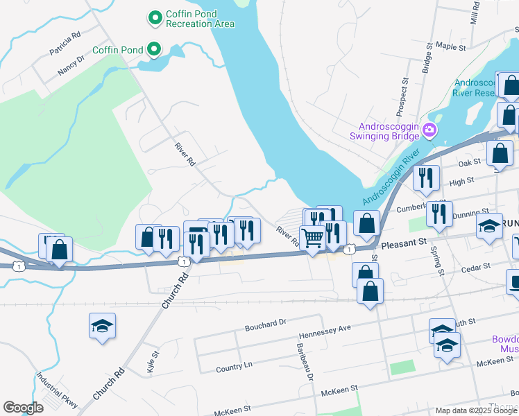 map of restaurants, bars, coffee shops, grocery stores, and more near 41 River Road in Brunswick