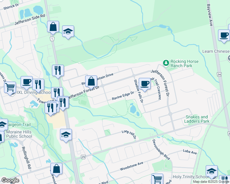 map of restaurants, bars, coffee shops, grocery stores, and more near 80 Ravine Edge Drive in Richmond Hill