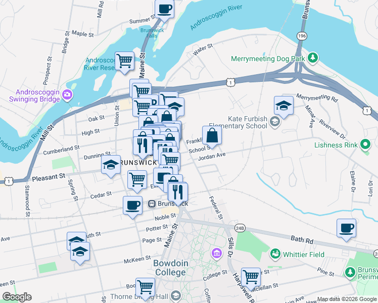 map of restaurants, bars, coffee shops, grocery stores, and more near Federal Street in Brunswick