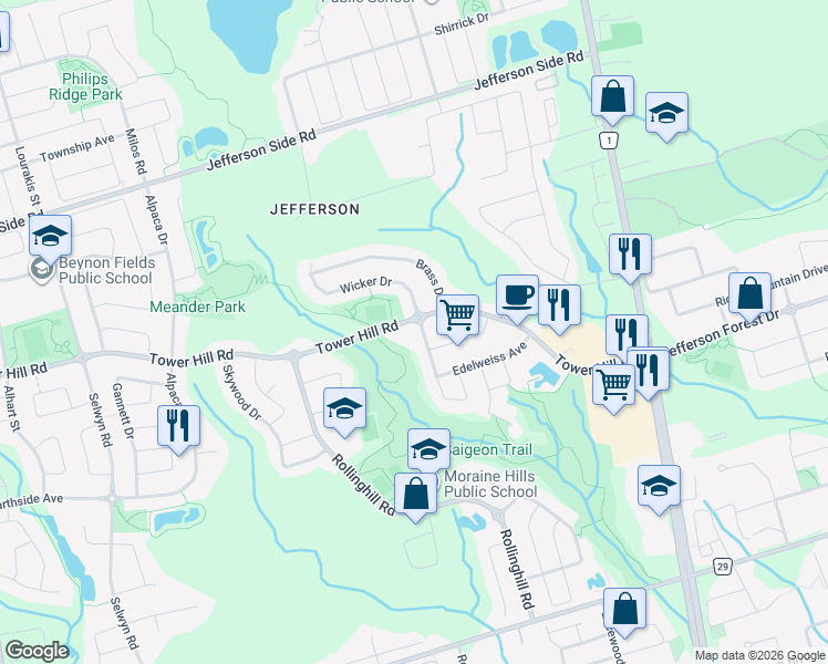 map of restaurants, bars, coffee shops, grocery stores, and more near 8 Mockingbird Drive in Richmond Hill