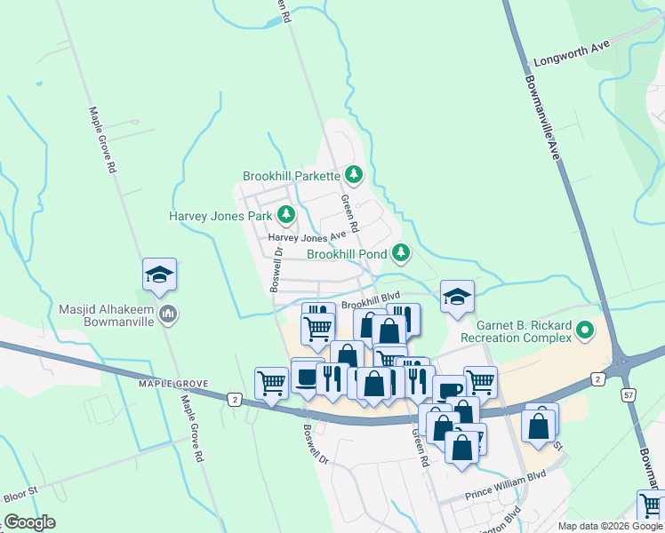 map of restaurants, bars, coffee shops, grocery stores, and more near 162 Ted Miller Crescent in Bowmanville
