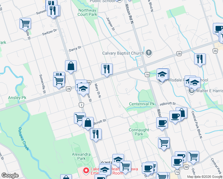 map of restaurants, bars, coffee shops, grocery stores, and more near 614 Minto Street in Oshawa