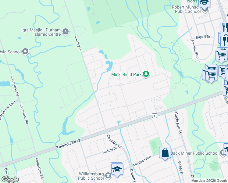 map of restaurants, bars, coffee shops, grocery stores, and more near 88 Brabin Circle in Whitby