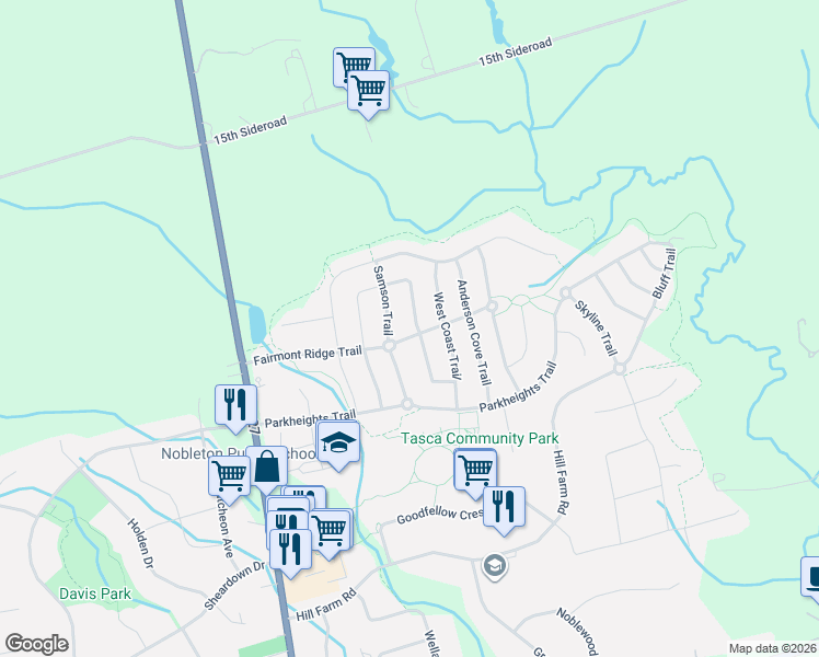 map of restaurants, bars, coffee shops, grocery stores, and more near 30 Fairmont Ridge Trail in King