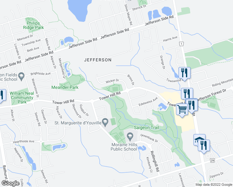 map of restaurants, bars, coffee shops, grocery stores, and more near 198 Tower Hill Road in Richmond Hill