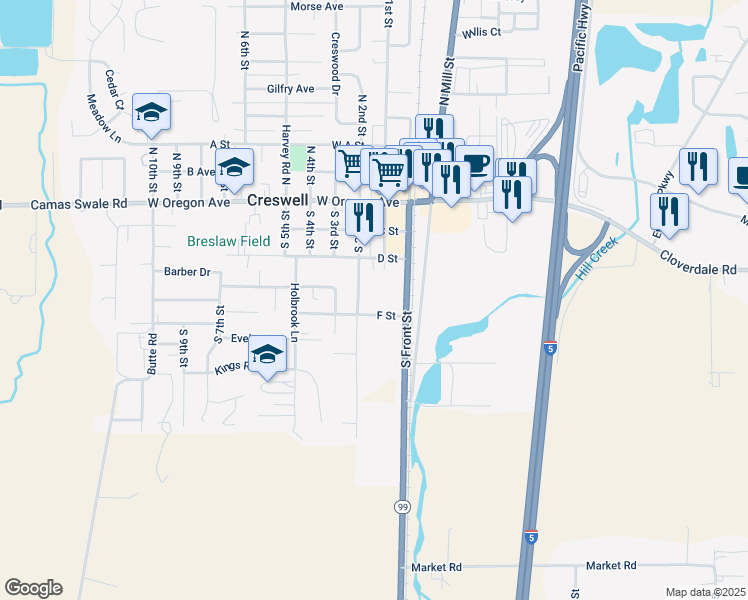 map of restaurants, bars, coffee shops, grocery stores, and more near 290 North 2nd Street in Creswell
