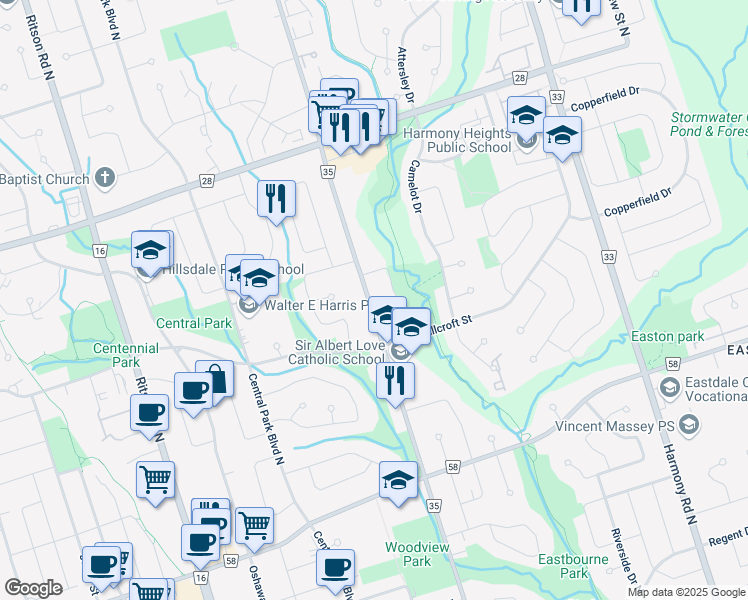map of restaurants, bars, coffee shops, grocery stores, and more near 489 Wilson Road North in Oshawa