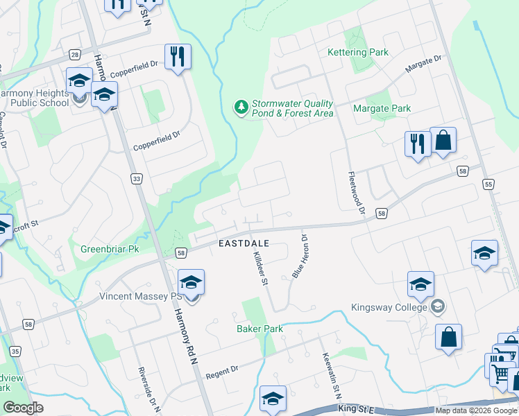 map of restaurants, bars, coffee shops, grocery stores, and more near 1138 Thimbleberry Circle in Oshawa