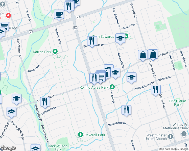 map of restaurants, bars, coffee shops, grocery stores, and more near 120 Waller Street in Whitby