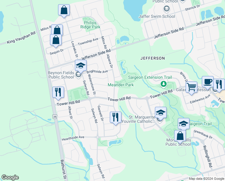 map of restaurants, bars, coffee shops, grocery stores, and more near 94 Alpaca Drive in Richmond Hill
