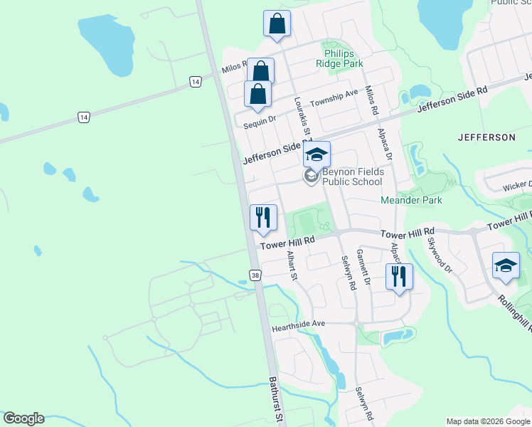 map of restaurants, bars, coffee shops, grocery stores, and more near 22 Westcliffe Crescent in Richmond Hill