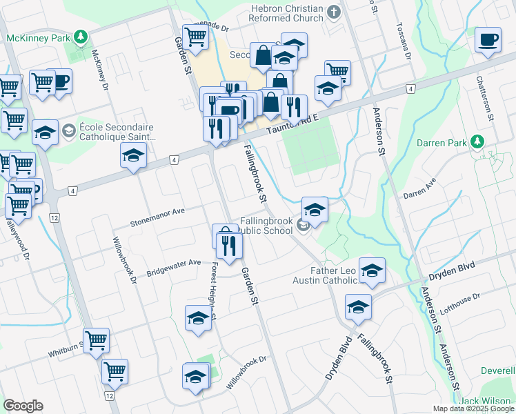 map of restaurants, bars, coffee shops, grocery stores, and more near 18 Cork Drive in Whitby