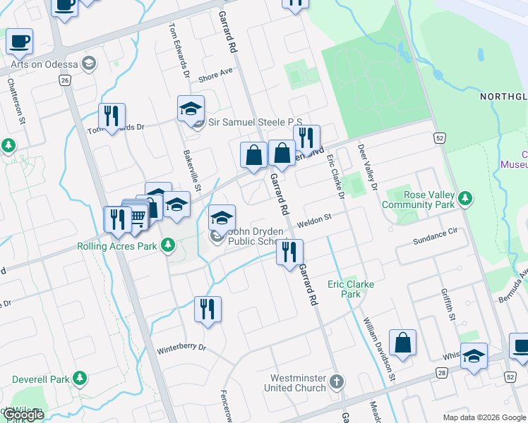 map of restaurants, bars, coffee shops, grocery stores, and more near 26 Wigston Court in Whitby