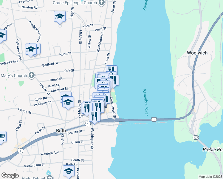 map of restaurants, bars, coffee shops, grocery stores, and more near 119 Commercial Street in Bath