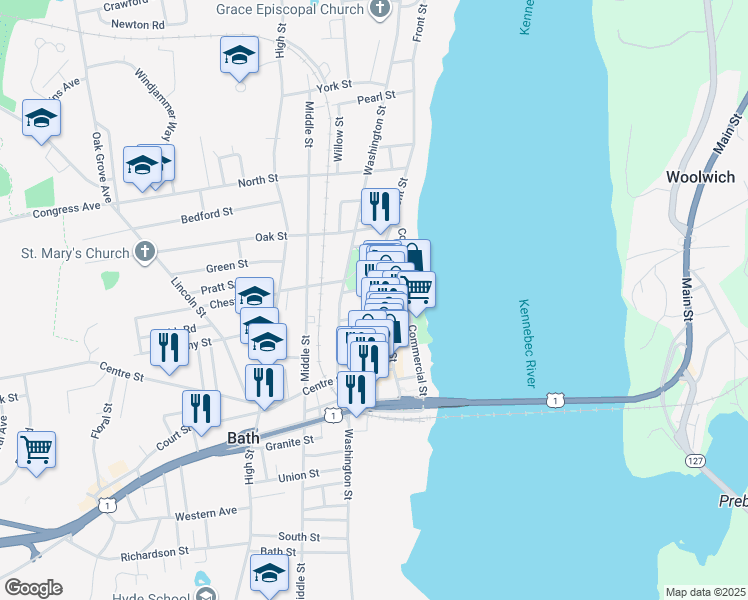 map of restaurants, bars, coffee shops, grocery stores, and more near 195 Front Street in Bath