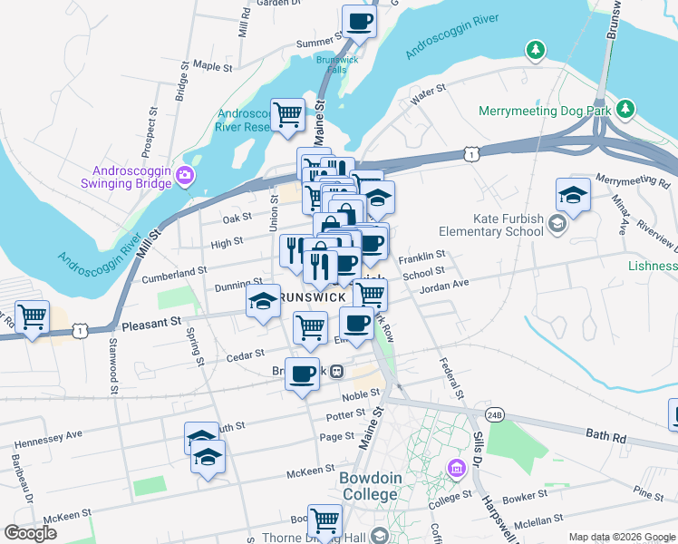 map of restaurants, bars, coffee shops, grocery stores, and more near 124 Maine Street in Brunswick