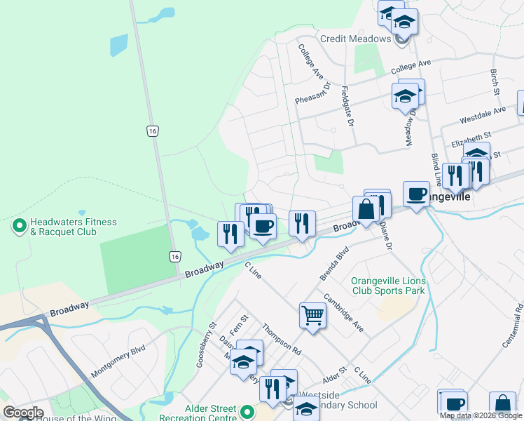 map of restaurants, bars, coffee shops, grocery stores, and more near 19 Preston Drive in Orangeville