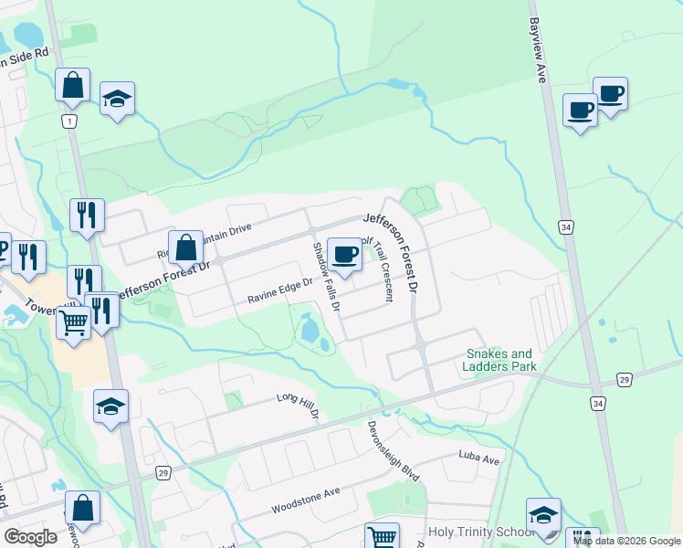 map of restaurants, bars, coffee shops, grocery stores, and more near 12 Marble Bridge Drive in Richmond Hill