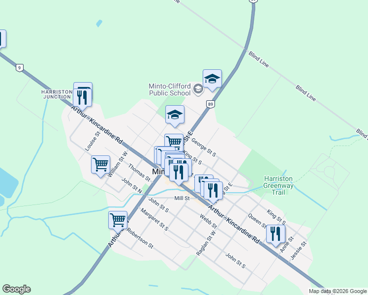 map of restaurants, bars, coffee shops, grocery stores, and more near 76 Ontario 89 in Minto