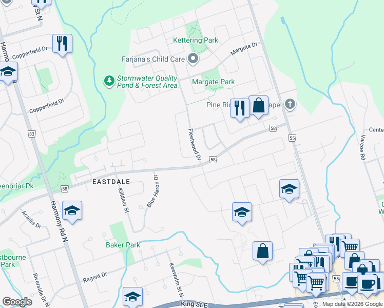 map of restaurants, bars, coffee shops, grocery stores, and more near 396 Fleetwood Drive in Oshawa