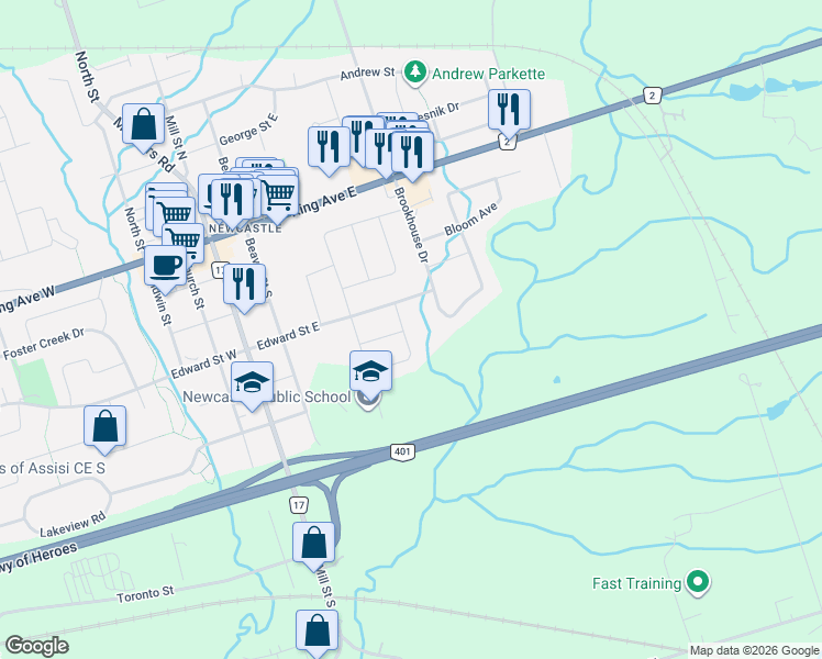 map of restaurants, bars, coffee shops, grocery stores, and more near 23 Bridges Drive in Clarington